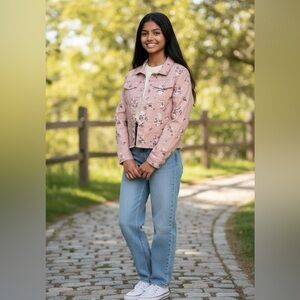 Children’s Place Pink Denim Ditsy Floral Jacket, Sz XXL/16, Cottage, Distressed
